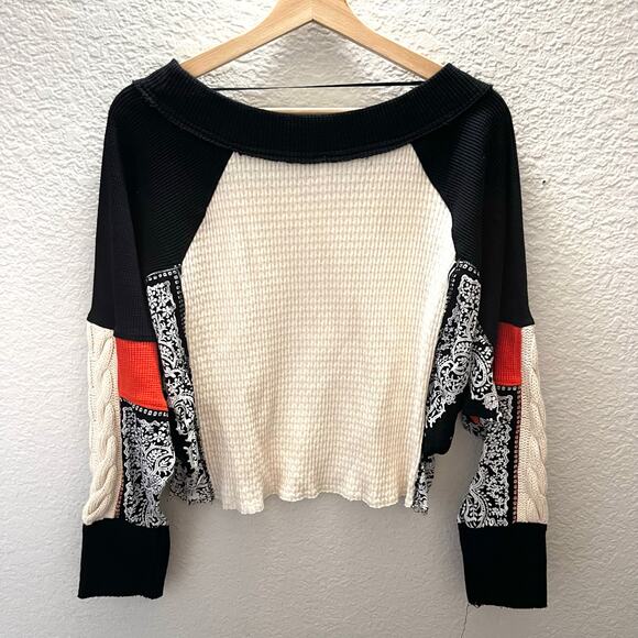 Free People Josie Patterned Knit Sweater XS Patchwork Pullover Boho Cropped - Picture 5 of 7